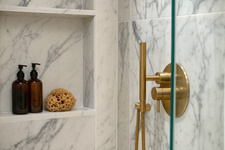 Luxury bathroom craftsmanship, marble tile and brass shower fixture