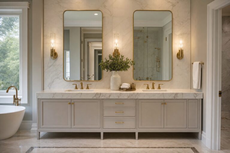 Finished luxury bathroom with double vanity and marble surfaces