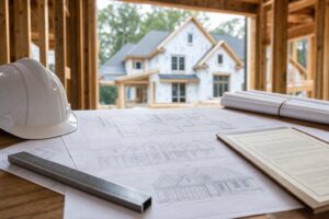 Architectural blueprints and building permit documents on a builder table