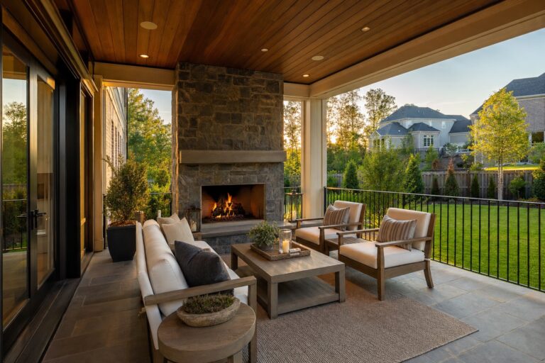 Finished covered back porch with fireplace overlooking a manicured yard