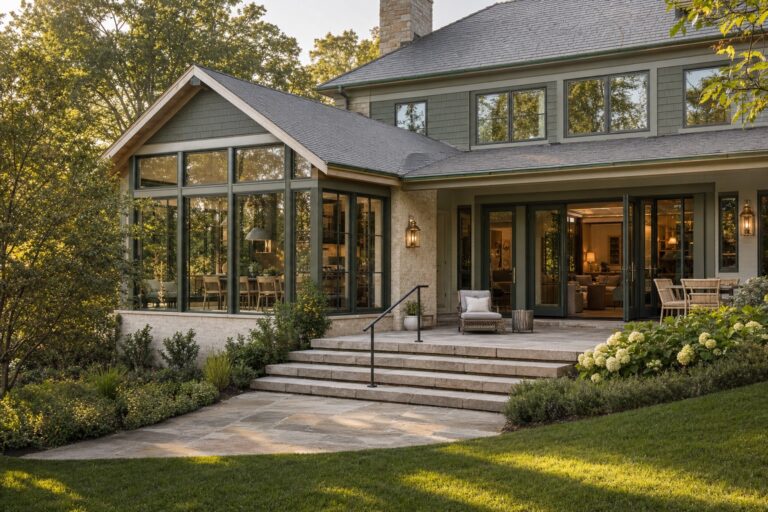 Luxury home addition with sunroom and stone patio by Valor Builder