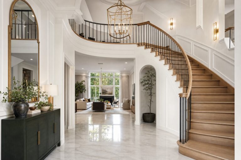 Grand two-story foyer with custom staircase in a Valor Builder custom home
