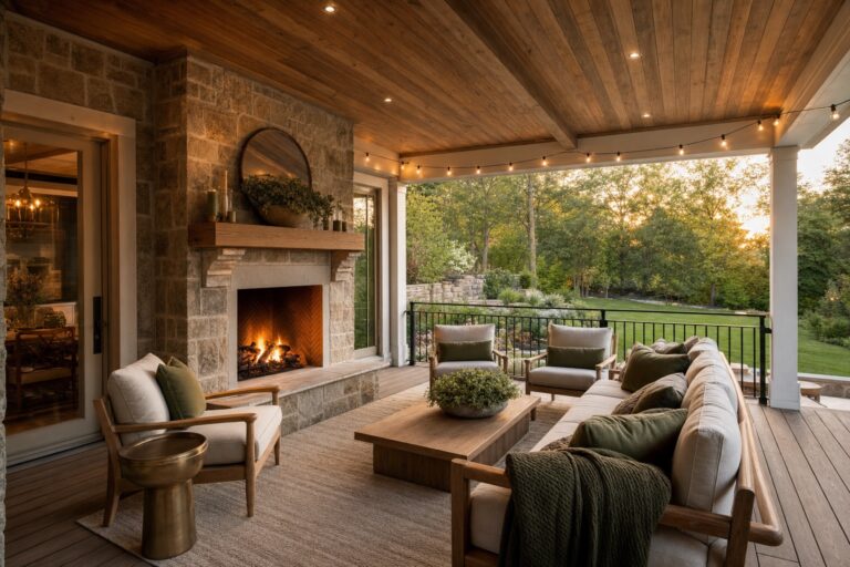 Covered outdoor living porch with stone fireplace by Valor Builder