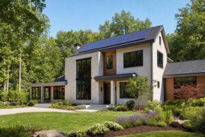 Modern energy-efficient custom home with large windows and solar panels