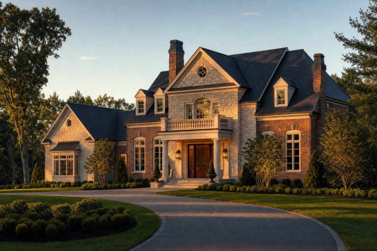 Stately renovated estate home exterior with stone and brick facade in Northern Virginia