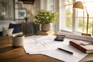 Sunlit home study desk with renovation blueprints and planning notes