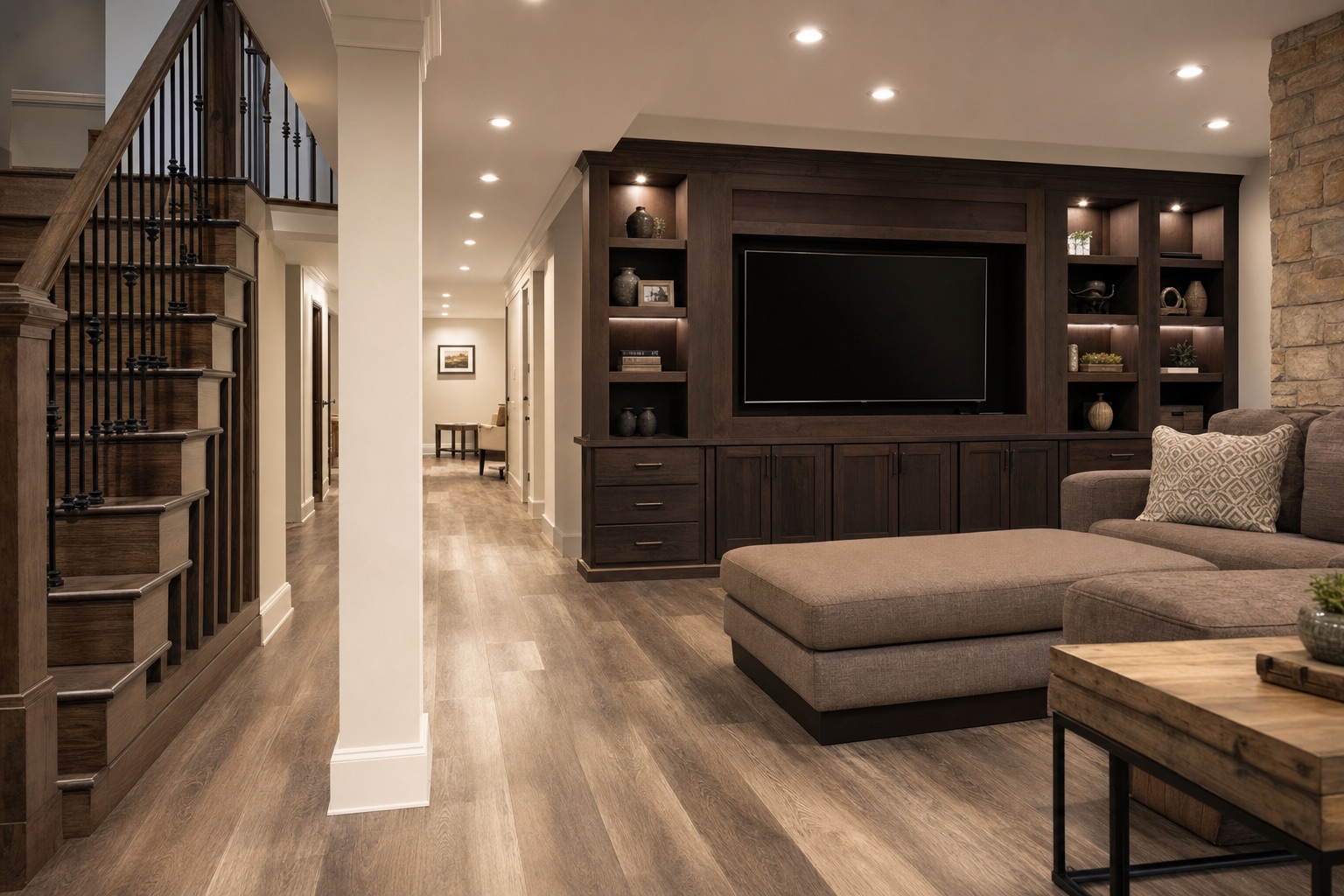 Finished basement with rec room and wet bar in Northern Virginia by Valor Builder