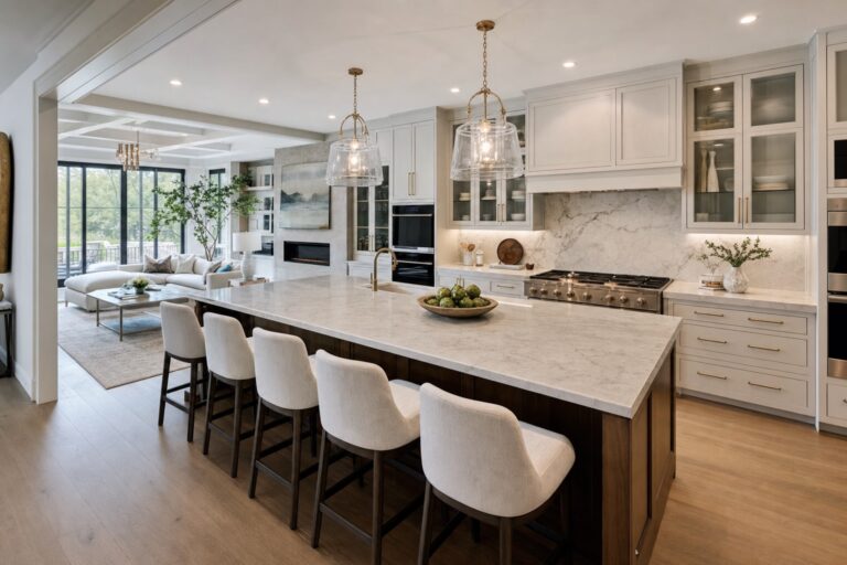 Finished open kitchen with island seating connecting to a bright living area