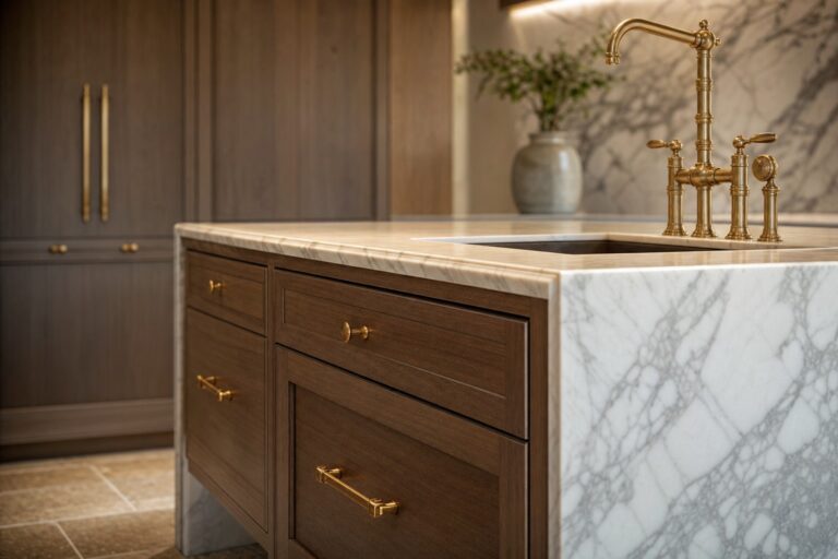 Luxury kitchen craftsmanship, custom cabinetry and marble waterfall edge