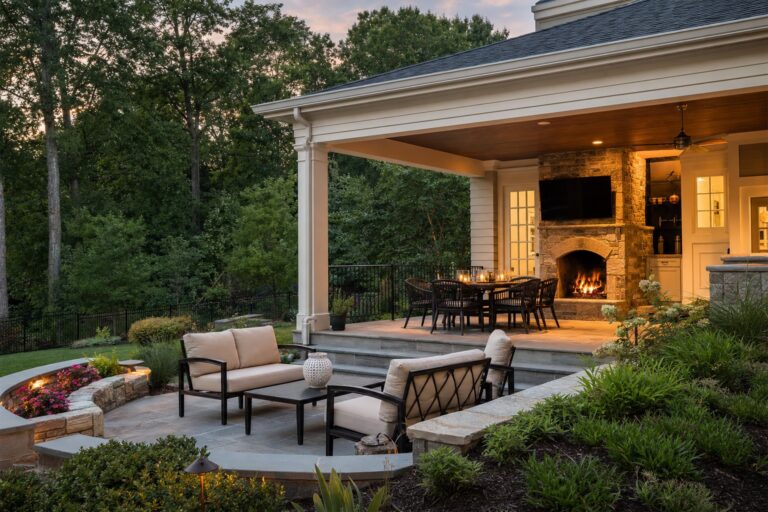 Finished backyard outdoor living area with covered porch and dining space
