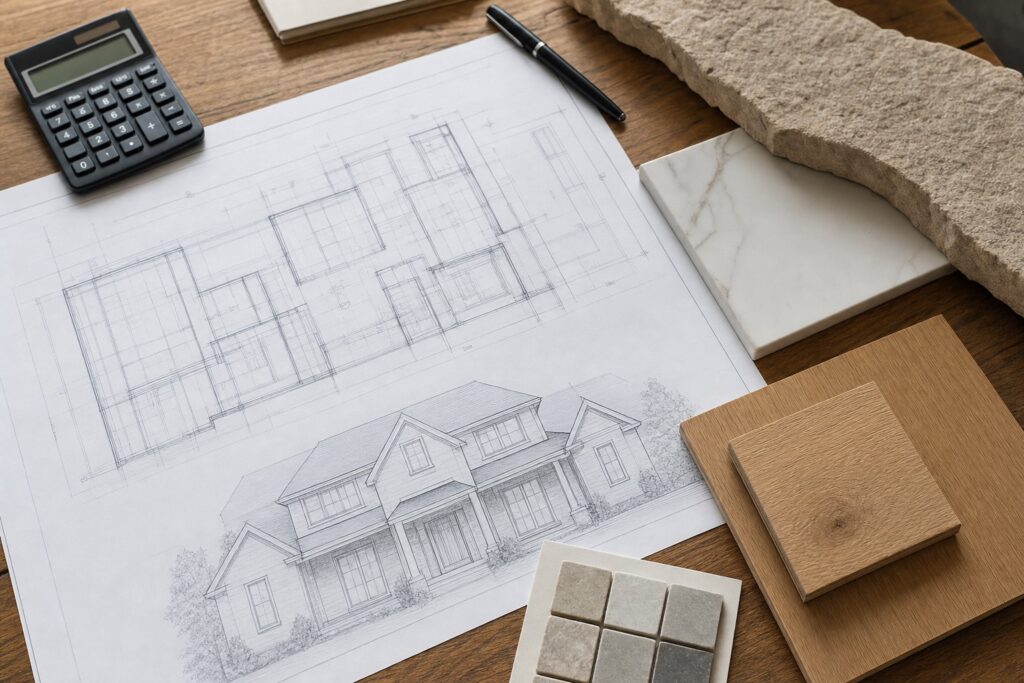 Architectural blueprints and material samples for a custom home budget - Valor Builder