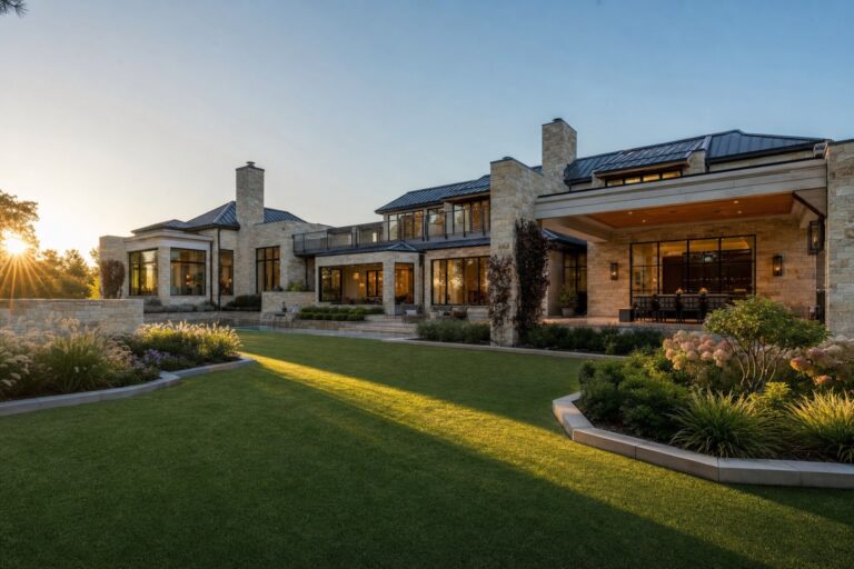 Luxury custom home exterior at golden hour by Valor Builder