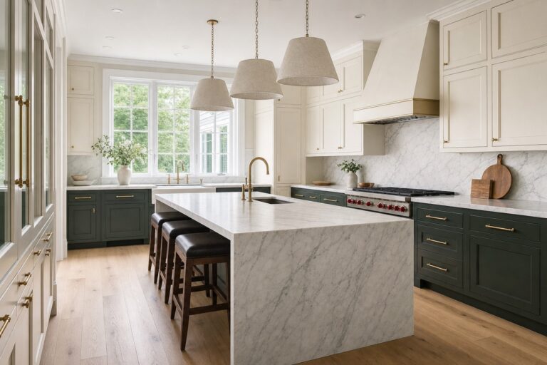 Custom luxury kitchen remodel with marble island and brass fixtures by Valor Builder