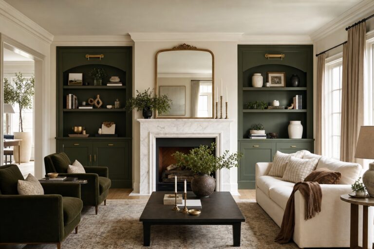 Remodeled living room with hunter-green built-ins and marble fireplace by Valor Builder