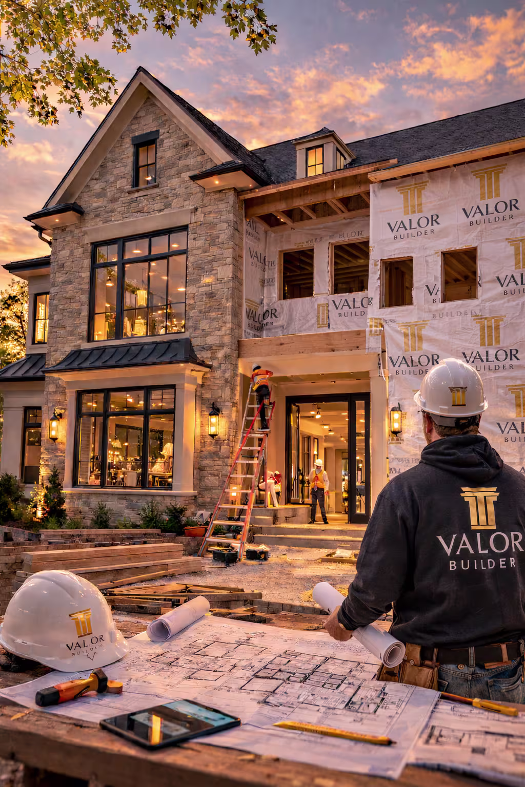 Luxury custom home construction in Northern Virginia by Valor Builder showing partially completed design-build residence during the dried-in construction phase.