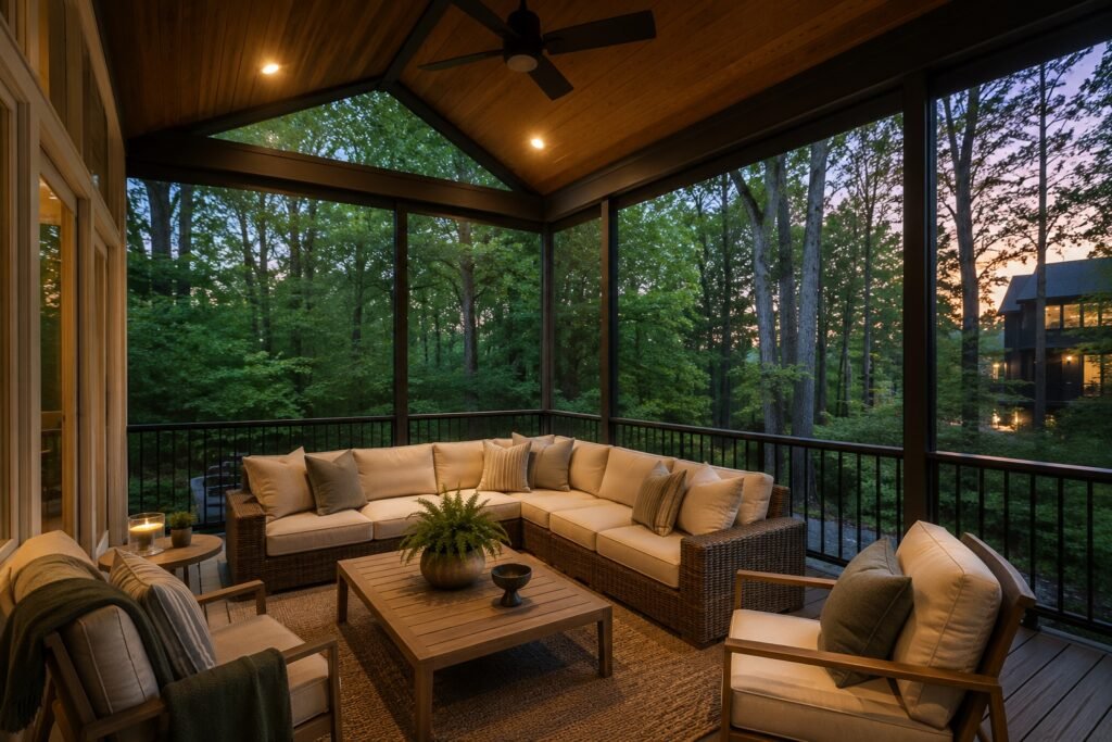 Screened porch on a wooded Reston lot
