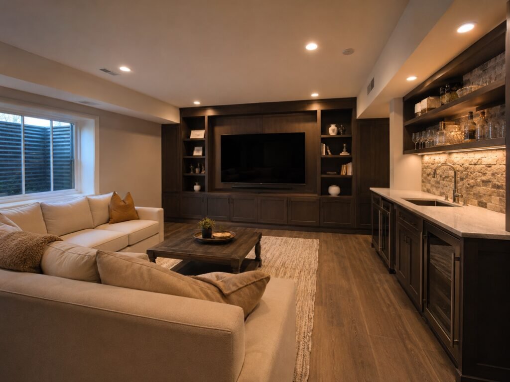 Finished basement media lounge in a South Riding home