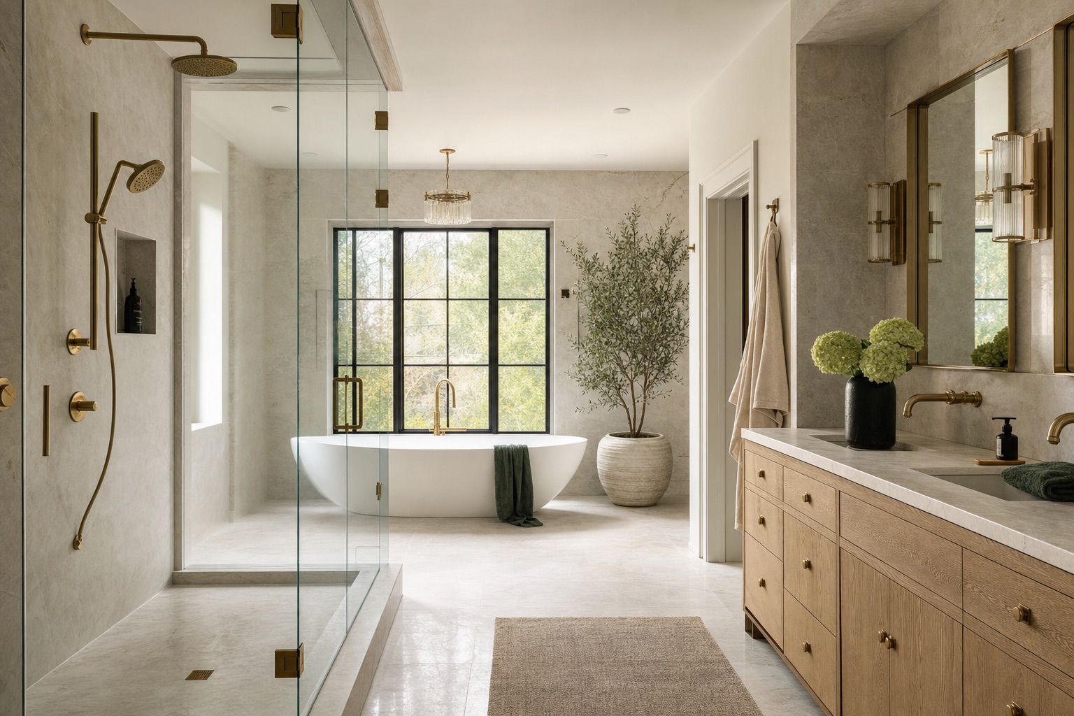 Spa-style primary bathroom remodel with marble and brass by Valor Builder