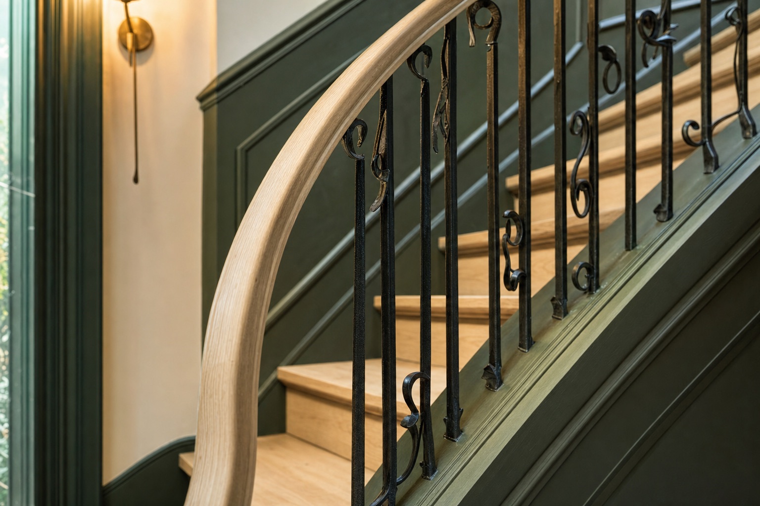 Custom curved wood and iron staircase detail by Valor Builder