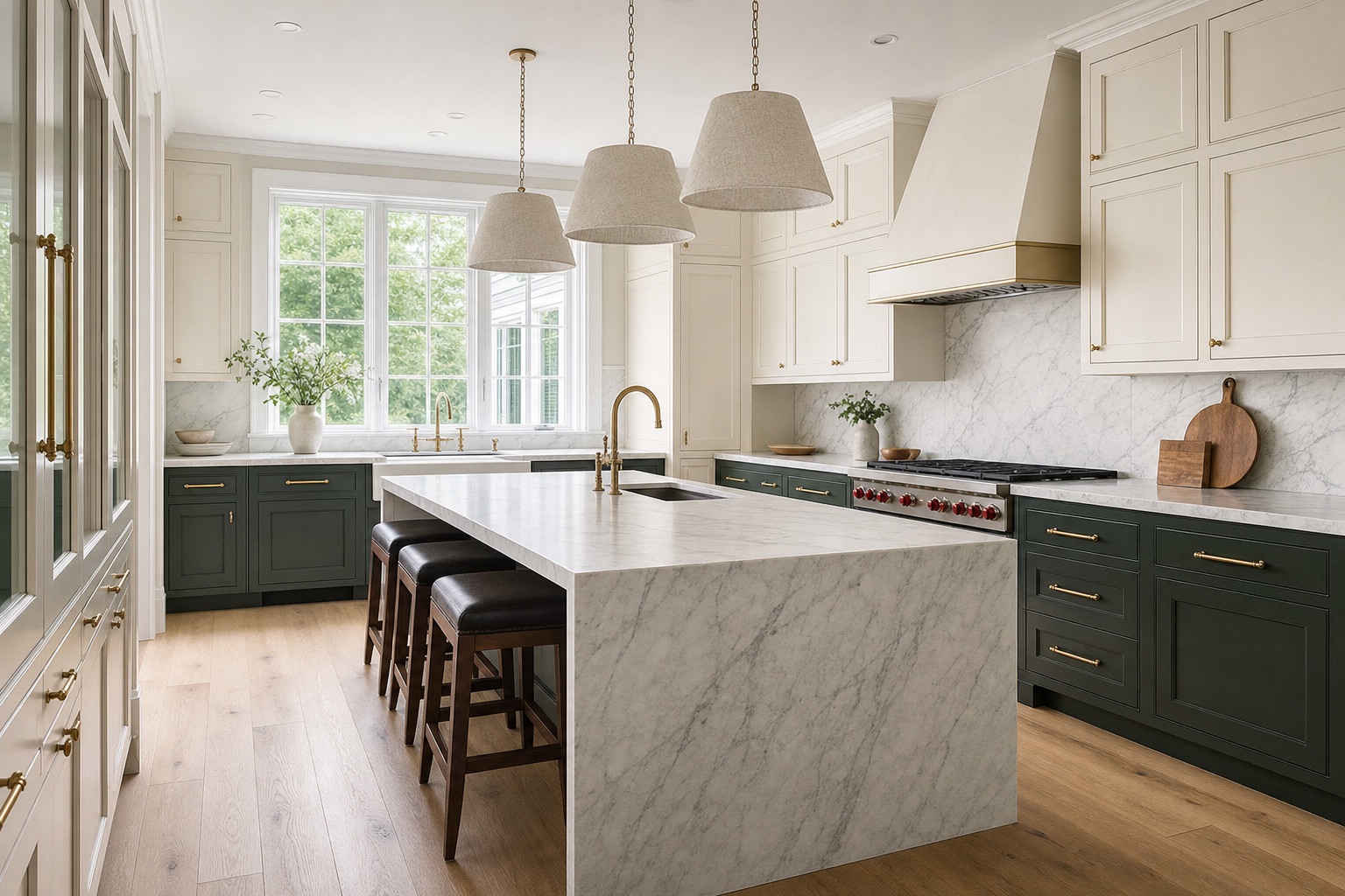 Custom luxury kitchen remodel with marble island and brass fixtures by Valor Builder