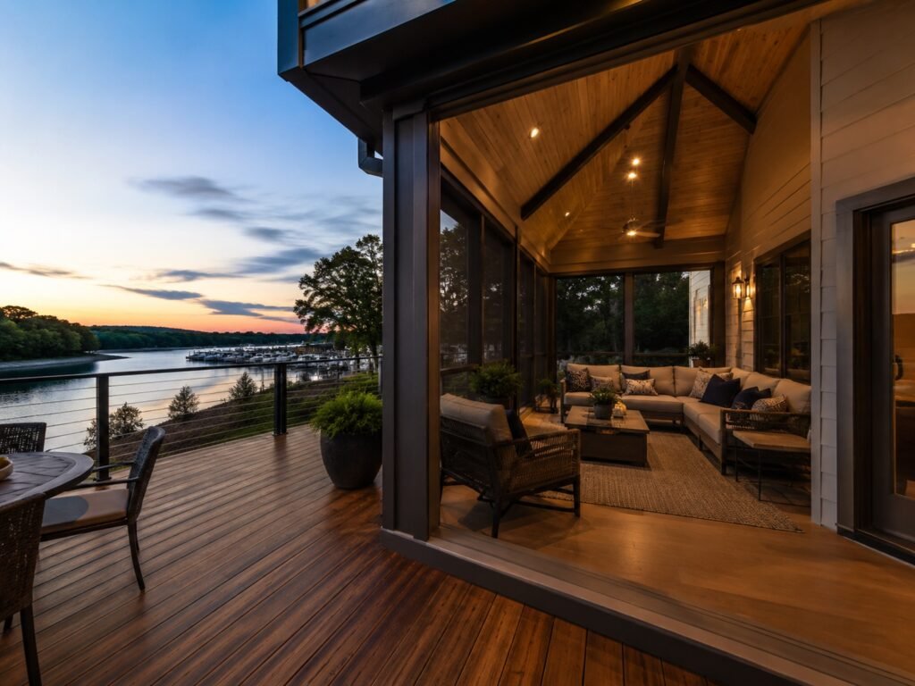 Water-view screened porch and deck on a Woodbridge home