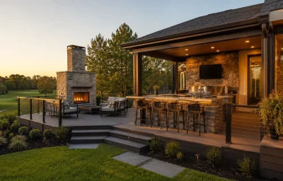 Covered outdoor kitchen and deck behind a Belmont Country Club home in Ashburn
