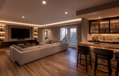 Finished basement entertainment suite with wet bar in Brambleton