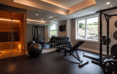 Home gym and wellness room with sauna in a Brambleton home