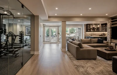 Finished walk-out basement with a glass home gym in a Brambleton home