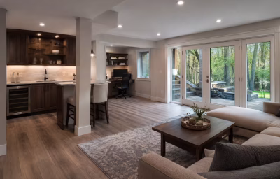 Finished walk-out basement with wet bar in a Burke Centre home