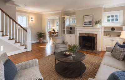 Renovated living room with built-ins in a Del Ray Cape Cod