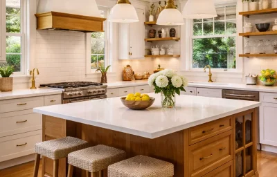 Modern chef’s kitchen inside a Del Ray Craftsman bungalow, showcasing a seamless rear bump-out addition and high-end cabinetry during a historic home renovation in Alexandria VA.