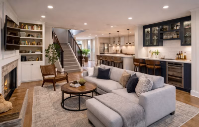 Custom-engineered Fairlington townhome basement retreat with moisture-proof foundations, architectural LED lighting, and an integrated home office and kitchen expansion.