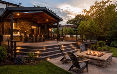 Covered outdoor kitchen and deck behind a Gainesville home