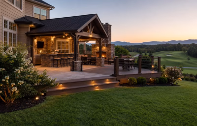 Covered outdoor kitchen and deck with golf and mountain views in Haymarket