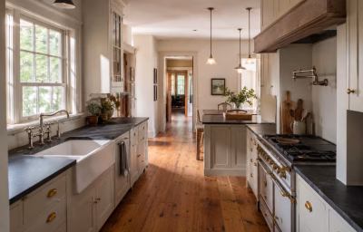 Modernized kitchen with restored floors in a historic Herndon home