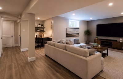 Finished basement rec room in a Kings Park Springfield home