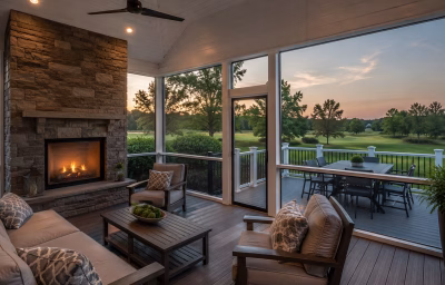 Vaulted screened porch and deck overlooking the golf course in Lansdowne