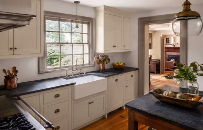 Modernized kitchen with restored floors in a historic Leesburg home