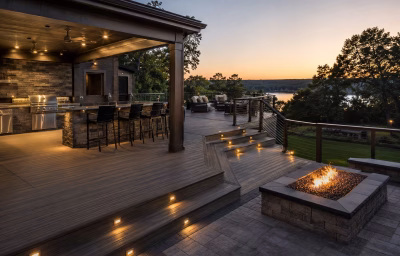 Covered outdoor kitchen and deck on a water-view Lorton lot