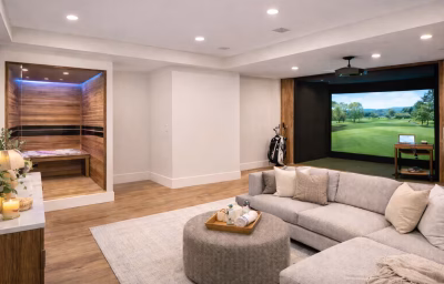 High-end basement finish in Creighton Farms, Aldie VA, featuring an infrared sauna, steam shower, and golf simulator.