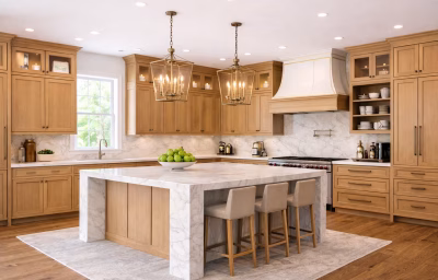 Professional-grade kitchen renovation in Stone Ridge, Aldie VA, with custom white-oak cabinetry and high-performance appliances.