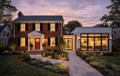 Historic 1930s brick colonial in Lyon Village, Arlington, with a seamless 1,500 sq. ft. modern wing addition featuring period-correct masonry and BAR-compliant design.