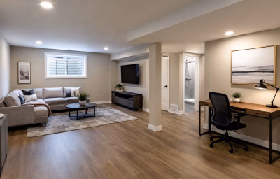 Finished basement rec room in a Manassas Park home