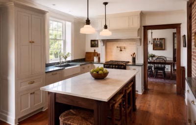 Modernized kitchen with restored floors in a historic Middletown home