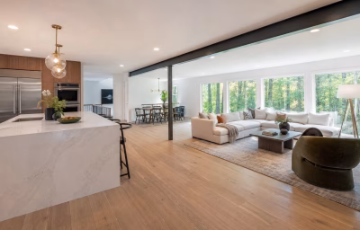 Open-concept reconfigured main level in a 1970s Oakton split-level