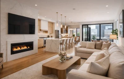 Open-concept interior of a luxury Potomac Yard townhome featuring integrated smart-home lighting and modern architectural lines, part of a whole-home renovation in Alexandria VA.