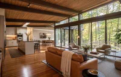 Open-concept main level in a 1970s Reston contemporary home