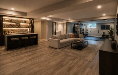 Finished basement with wet bar and gym in a South Riding home