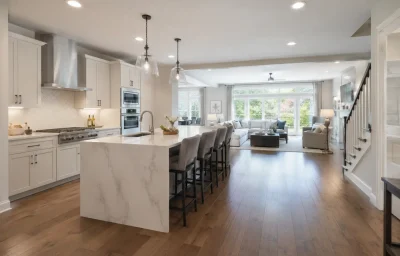 Open-concept main level in a South Riding colonial after remodel